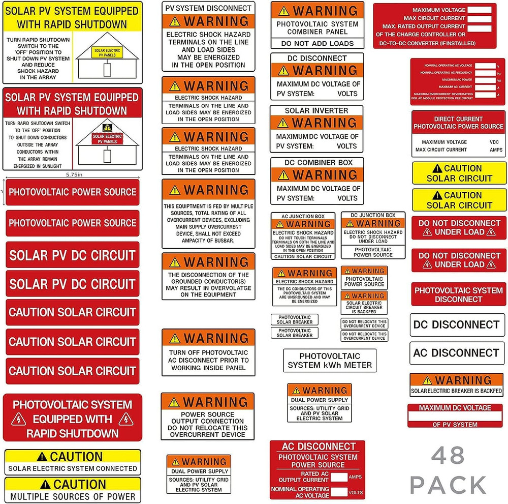 48 Pack PV Solar System Install Label Kit,Photovoltaic Safety Stickers,Nec 2020,