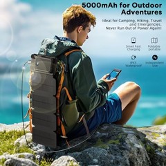 Solar Charger Power Bank 5000mAh with 4 Foldable Panels & 2 Built-in Cables,