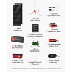 Uimoso 12V 600W Solar and Wind Energy Kit with 2x 100W Solar Panels 400W Turbine