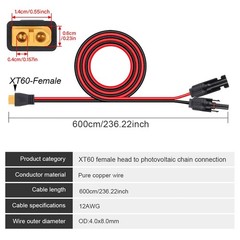 12AWG 20ft Solar Panel Extension Cable Wire XT60 Female to Solar Connectors