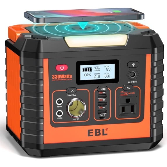 EBL PORTABLE POWER STATION 330W PURE SINE WAVE SOLAR – BLACK/ORANGE