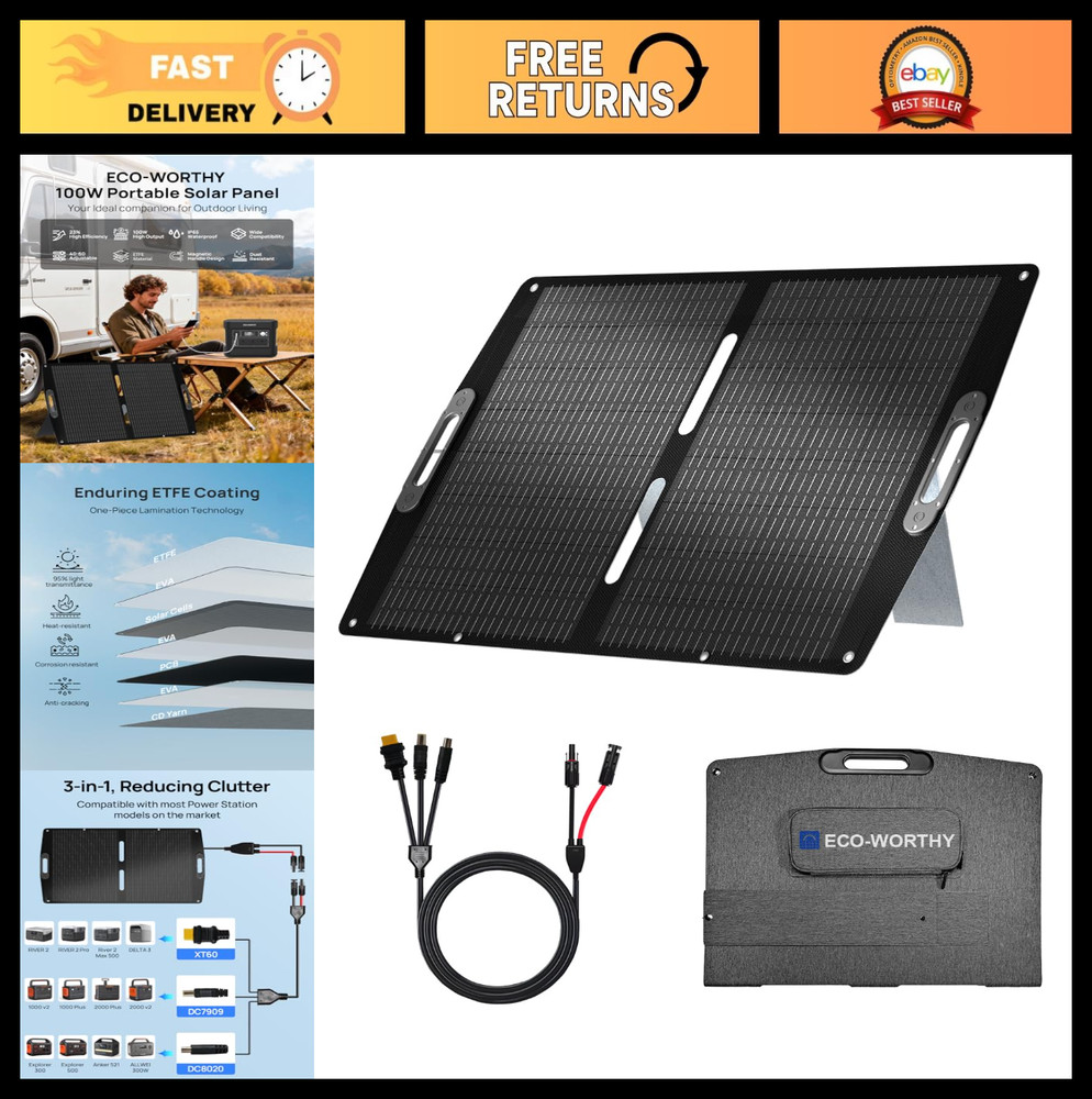 100W Portable Solar Panel – Waterproof, Lightweight, Adjustable Kickstand, 23% E