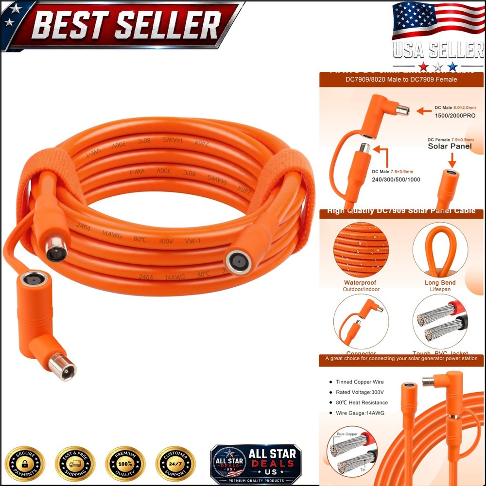 Durable 10FT Orange Extension Cable for Solar Panels and Portable Power Stations