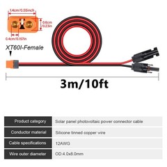 10ft Solar Panel Extension Cable Solar to XT60i 12AWG for Portable Power Station