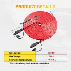 25FT 16AWG SAE Extension Cable, 2 Pin Quick Connector for Solar, Automotive, Tro