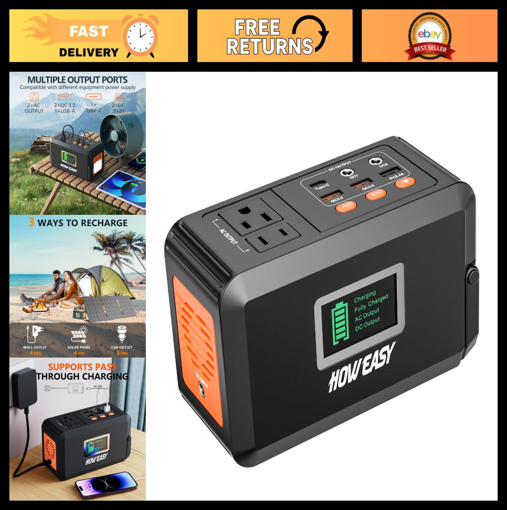 Portable Power Station 120W Solar Generator | 88Wh Lithium Battery, AC/DC/USB, L