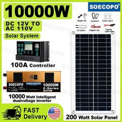 SOECOPO 10000W Solar Power Kit DC 12V AC 110V Inverter 200W panel Home Camping
