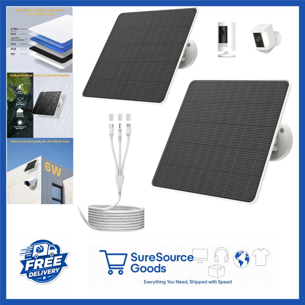 2 Pack Solar Panel Charger 6W for Battery Powered Cameras with 9.8ft Cable