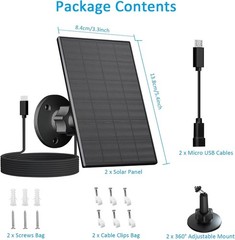 Solar Panel for Security Camera, 2 Pack 2W Solar Charger with Micro USB & USB-C