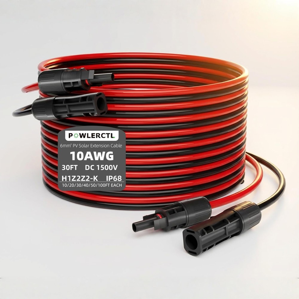 Powlerctl Solar Panel Extension Cable 10 AWG 30Ft 6mm² Wire Gauge Certified PV C