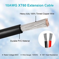 10FT XT60 Extension Cable 10AWG – Male to Female Connector for Solar, RC, Power