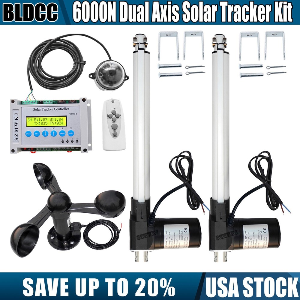 LCD Dual Axis Solar Tracker Kits-12V 2PCS 12″ 6000N Linear Actuator +Wind Sensor