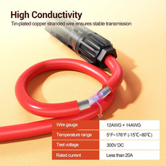 Solar Extension Cable, 14AWG Tinned Copper with Solar Panel Connectors, 12AWG Re