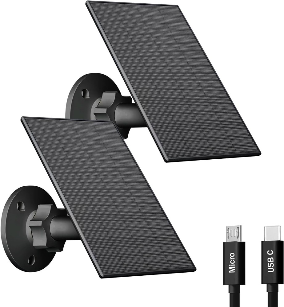 Solar Panel for Security Camera, 2 Pack 2W Solar Charger with Micro USB & USB-C