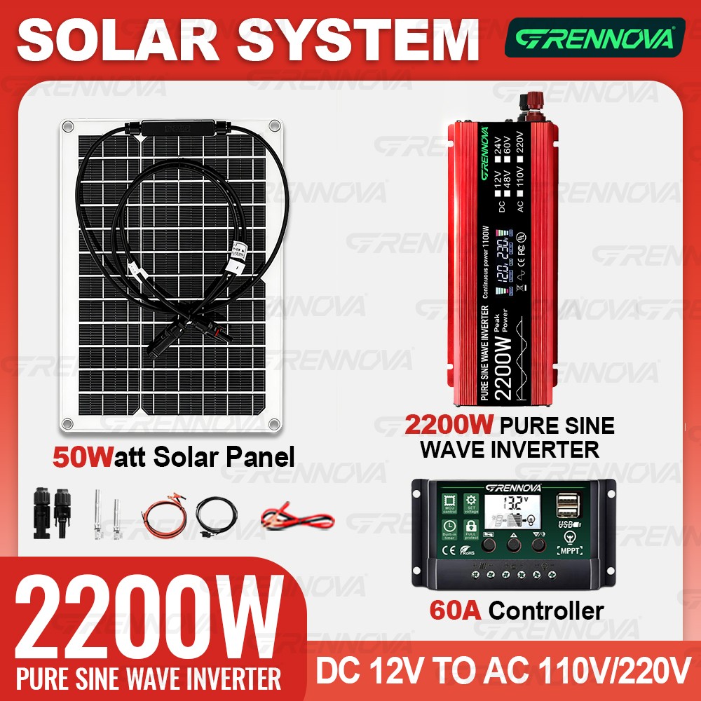 Grennova 2200W Solar Power Kit 50W Panel 12 To 110/220V Inverter 60A Controller