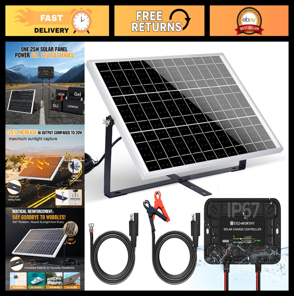 25W 12V Solar Panel Kit – Battery Charger Trickle Maintainer, Adjustable Mount,