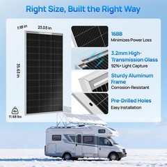 100W Monocrystalline Solar Panel, 18V, High Efficiency, IP68 Waterproof for RV,