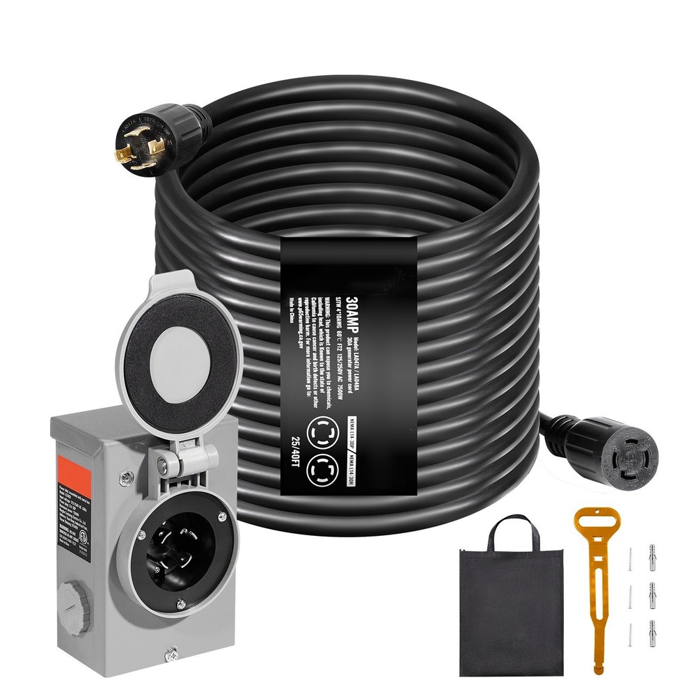 30 Amp Generator Cord and Power Inlet Box Kit, 25 FT, NEMA L14 – 30P/ L14 – 30R