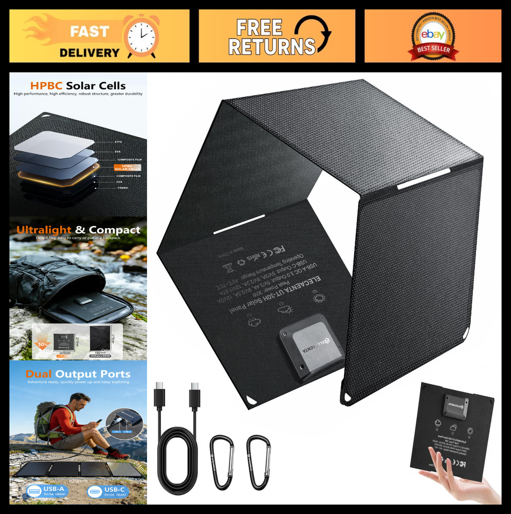 30W Portable Solar Panel, 25.4% Efficiency, Lightweight 1.1lb, IP68 Waterproof