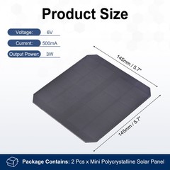 2Pcs 6V 3W 500mA Mini Monocrystalline Solar Panel 5.7×5.7″/145x145mm