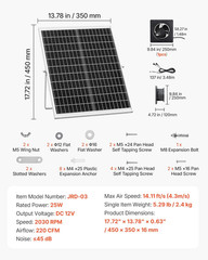 Solar Powered Fan, 25W Solar Panel with 220 CFM Airflow, Adjustable Panel Angle,