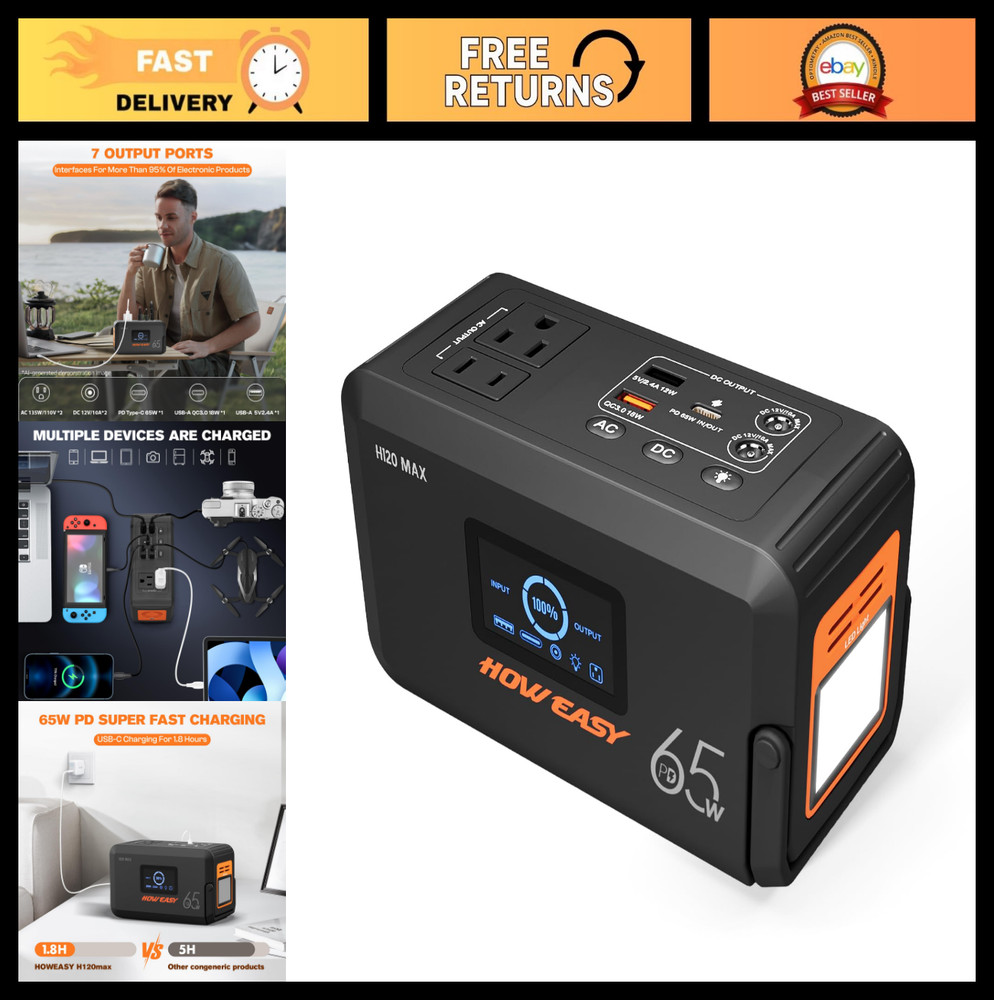 Portable Power Station 135W Solar Generator | 98Wh Battery Backup, AC Outlet, LE