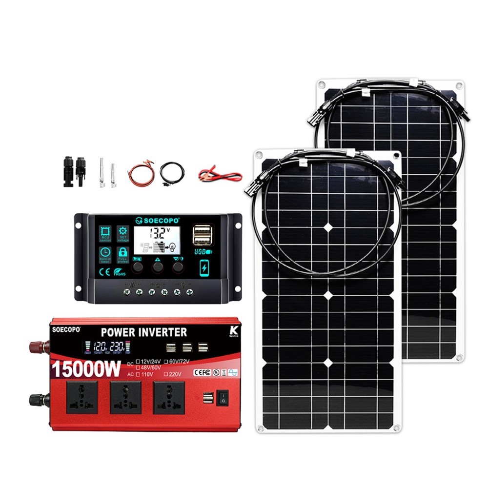 15000W Peak Solar System Kit 2pcs Flexible Panel DC12V/24V AC110V/220V Inverte
