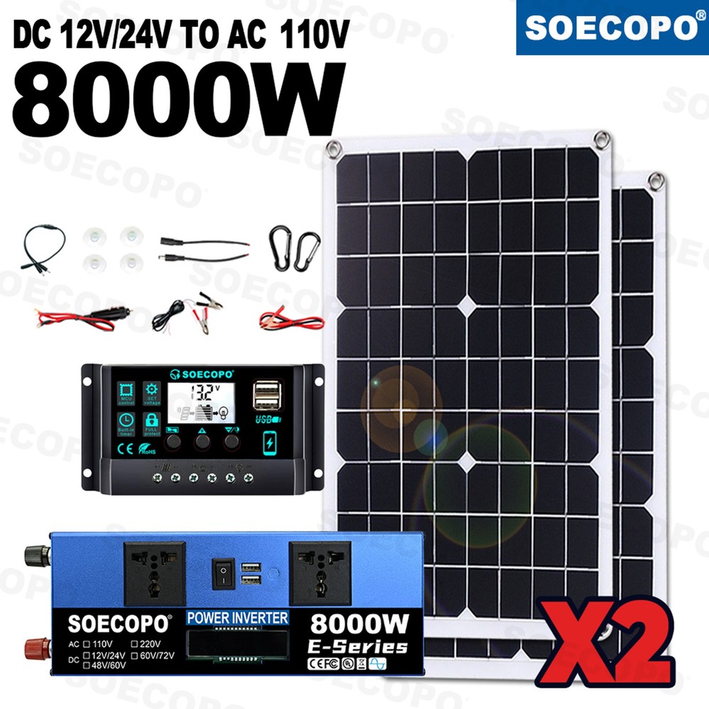 8000W Off-Grid Solar (12V/24V to 110V/220V) 2pcs Solar Panels,Charge Controlleid