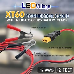 XT60 Connector Cable to Alligator Clip, 12AWG 12V Battery Clamp to 12AWG-2FT