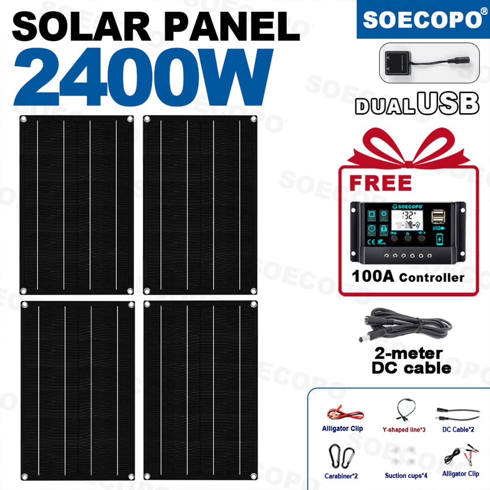 2400W 4-Panel Solar Kit – 100A Controller + Y-Cable/Suction Cups Home/Outdoor