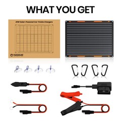 20W 12V Solar Panel Trickle Charger Kit | Built-in Controller, Clips, O-Rings, O