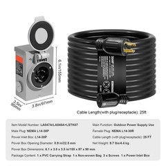 30 Amp Generator Cord and Power Inlet Box Kit, 25 FT, NEMA L14 – 30P/ L14 – 30R