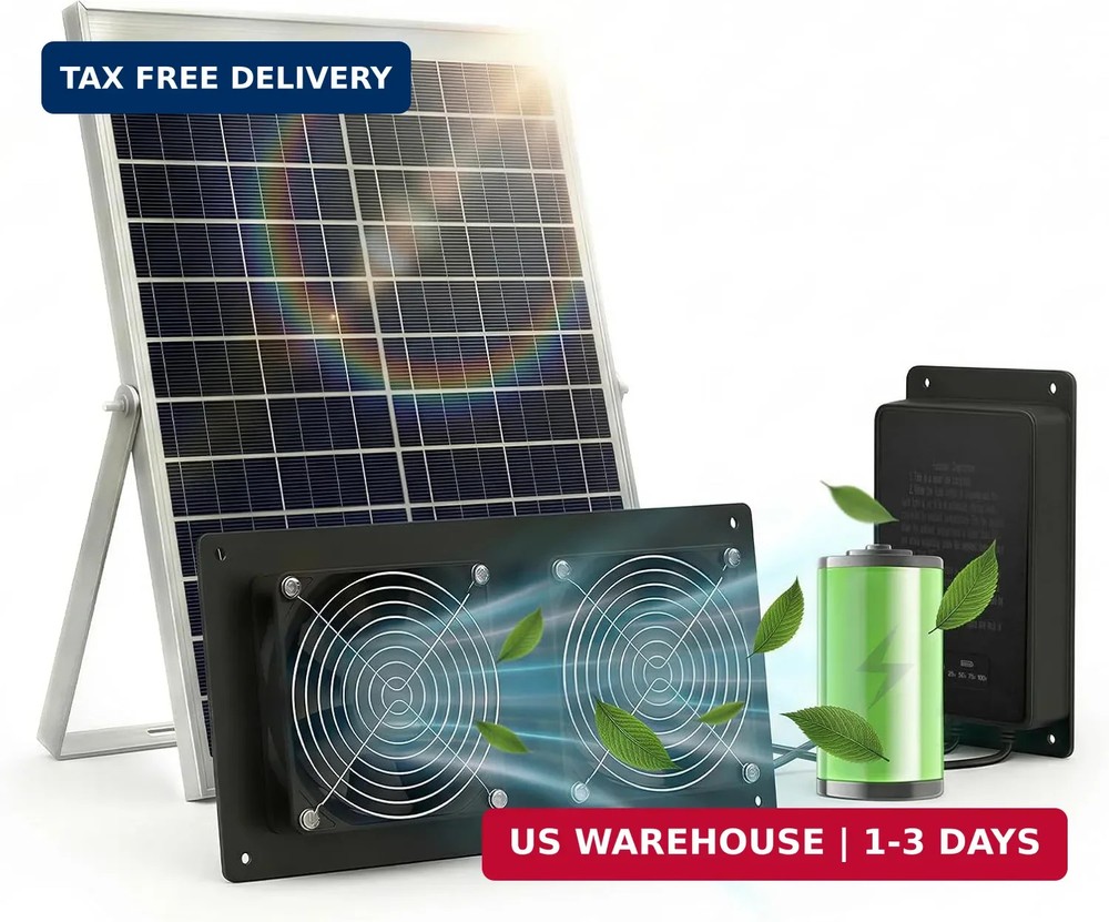 Solar Powered Exhaust Fan with Battery & Temp Sensor, 20W Solar Panel, Dual 4.7″