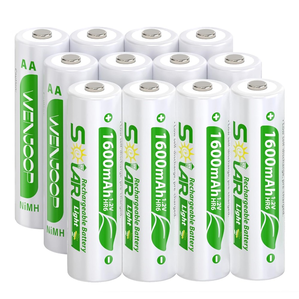 12 Pack AA Rechargeable Batteries for Solar Lights, 1600mAh NiMH 1.2V Prechar…