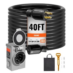 30 Amp Generator Cord and Power Inlet Box Kit, 40 FT, NEMA L14 – 30P/ L14 – 30R