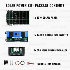 Grennova 1400W Solar Kit 80W Mono 60A MPPT 12/24V 110/220V Inverter RV Home