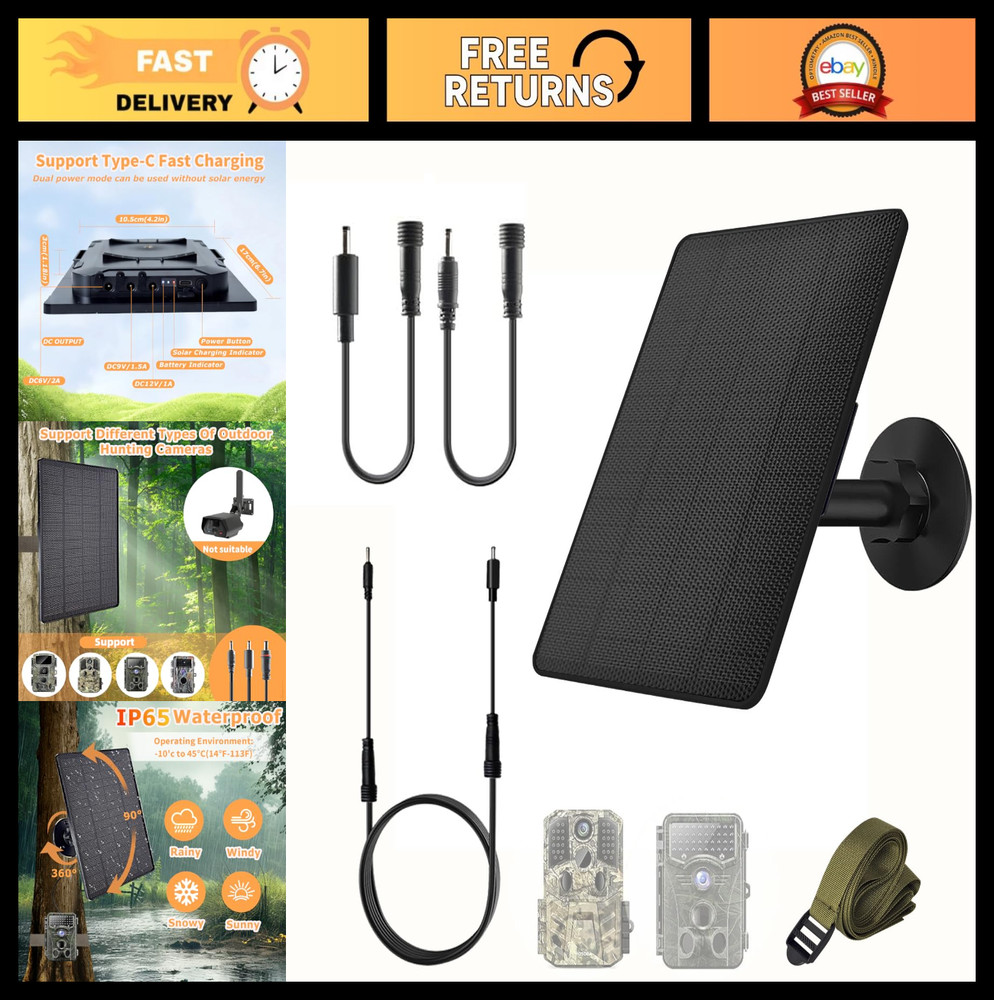 6W Solar Panel Charger for Trail Cameras, 6000mAh Battery, IP65 Waterproof, 5ft