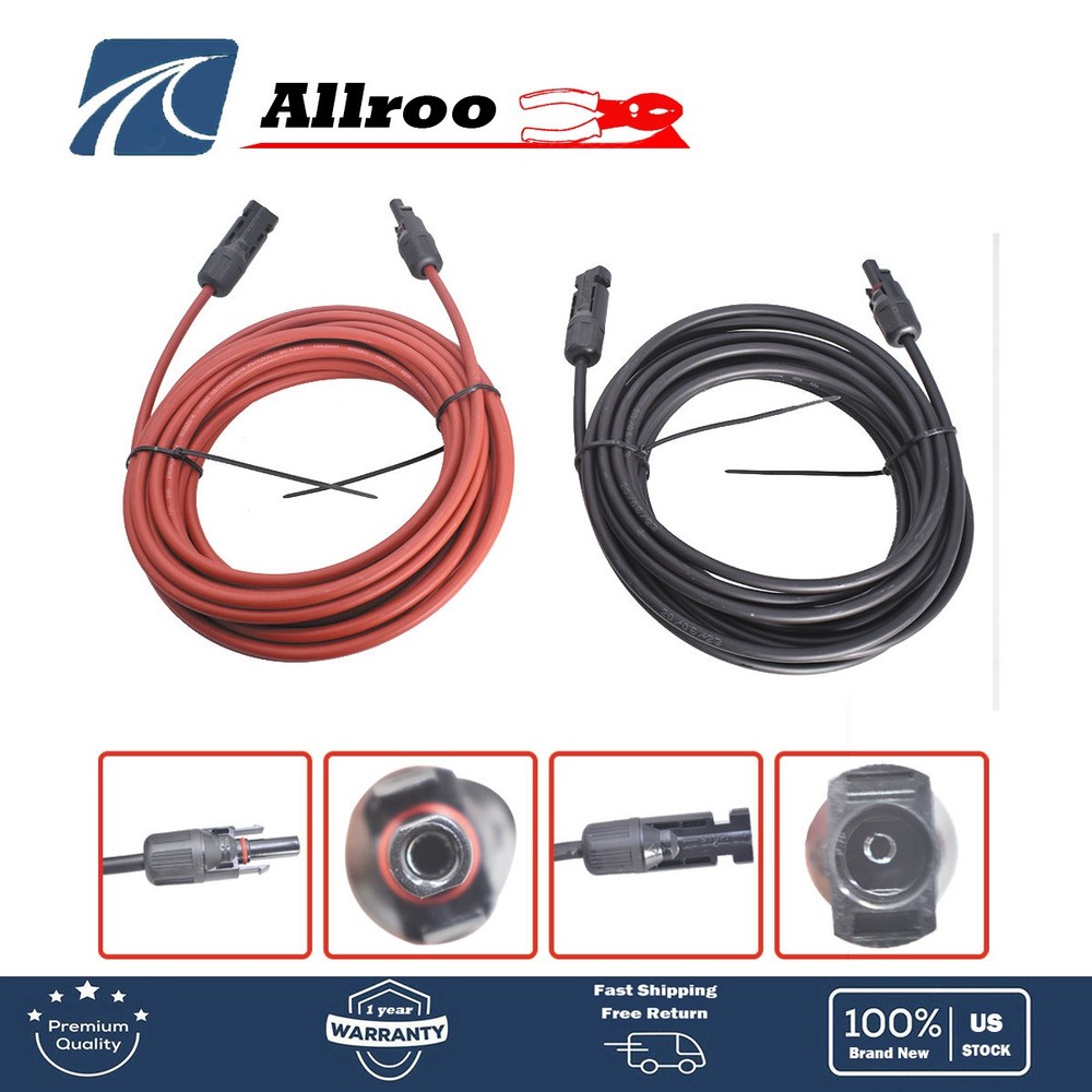 12AWG Solar Panel Extension Cable Wire Connector 1 Pair 30ft Black + Red New
