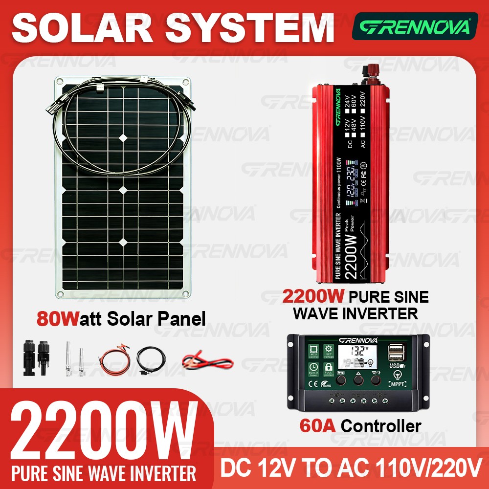 Grennova 2200W Pure Sine Solar Kit 80W 60A MPPT 12V 110/220V Inverter Home Use