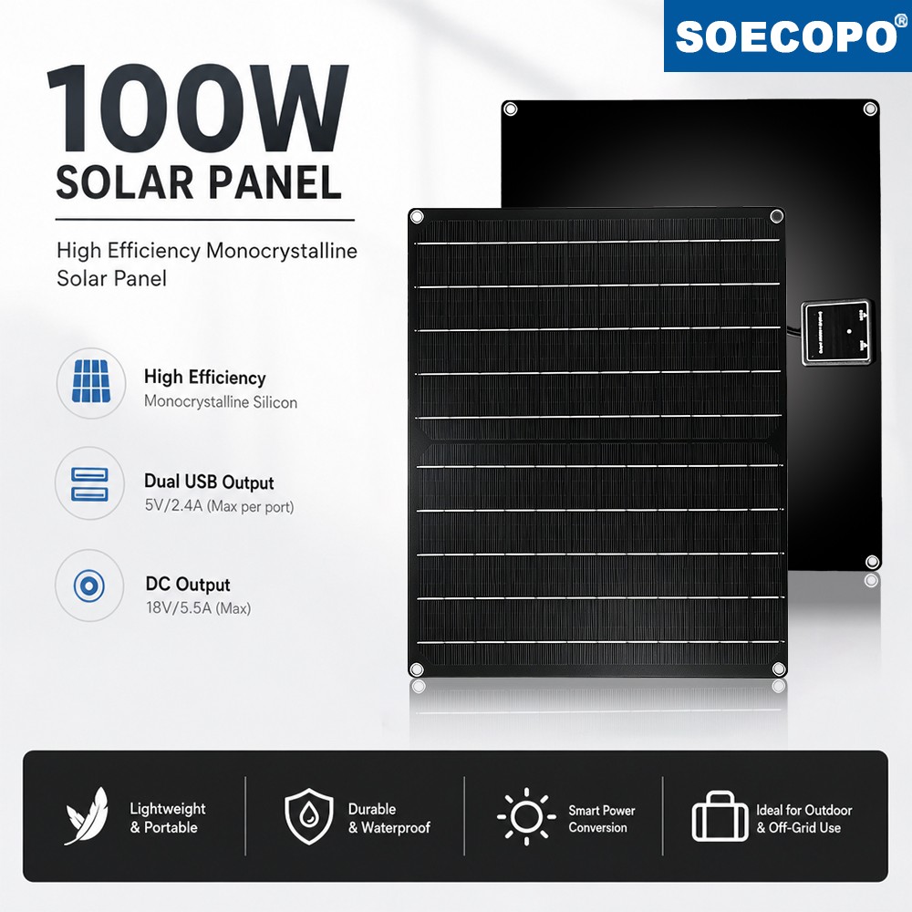 100W Portable Flexible Monocrystalline Solar Panel USB DC Outdoor RV Camping Use
