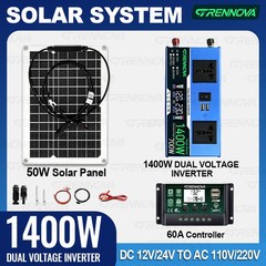 Grennova 1400W Solar System 50W Panel 12/24V To 110/220V Inverter 60A Controller