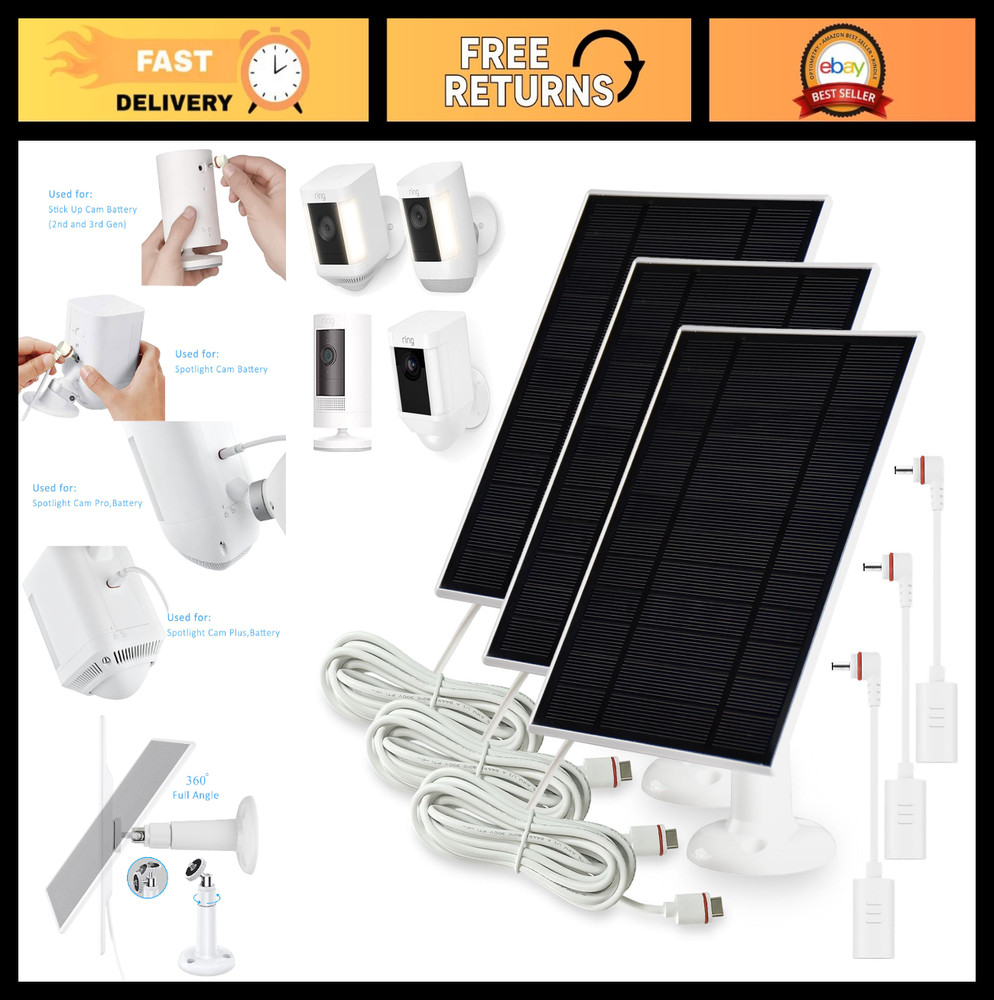 4W Solar Panel Charger for Ring Cameras, USB-C to Barrel Plug Adapter, 3-Pack