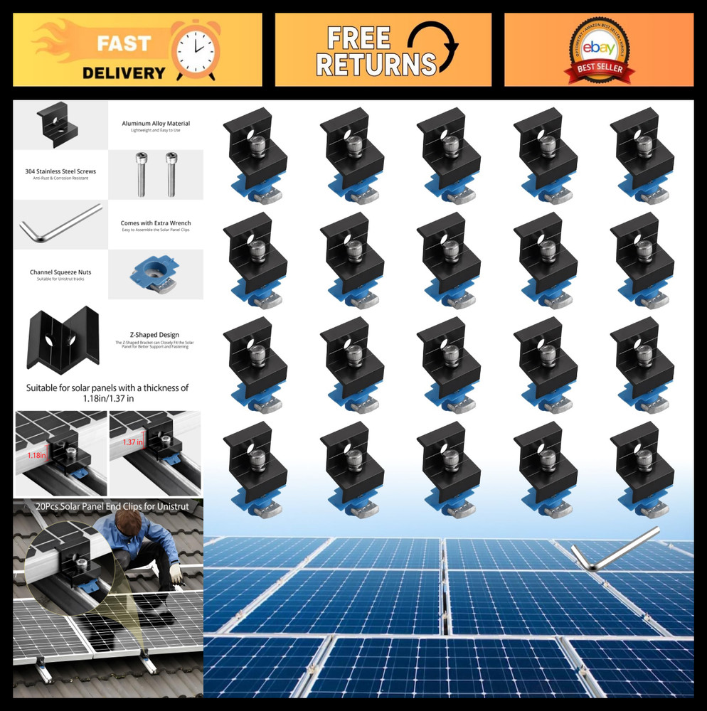 20pcs Solar Panel End Clamps for Standard Unistrut 30mm/35mm – Black, Durable &