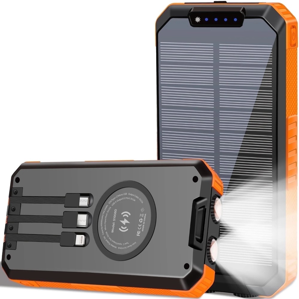 Yelomin Solar Power Bank, 49800mAh Portable Charger with Built-In 3 Charging Cab