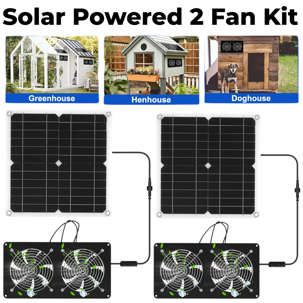 2 Sets 15W Solar Panel Fan w/ Waterproof Fan for Chicken Coops Greenhouses Sheds