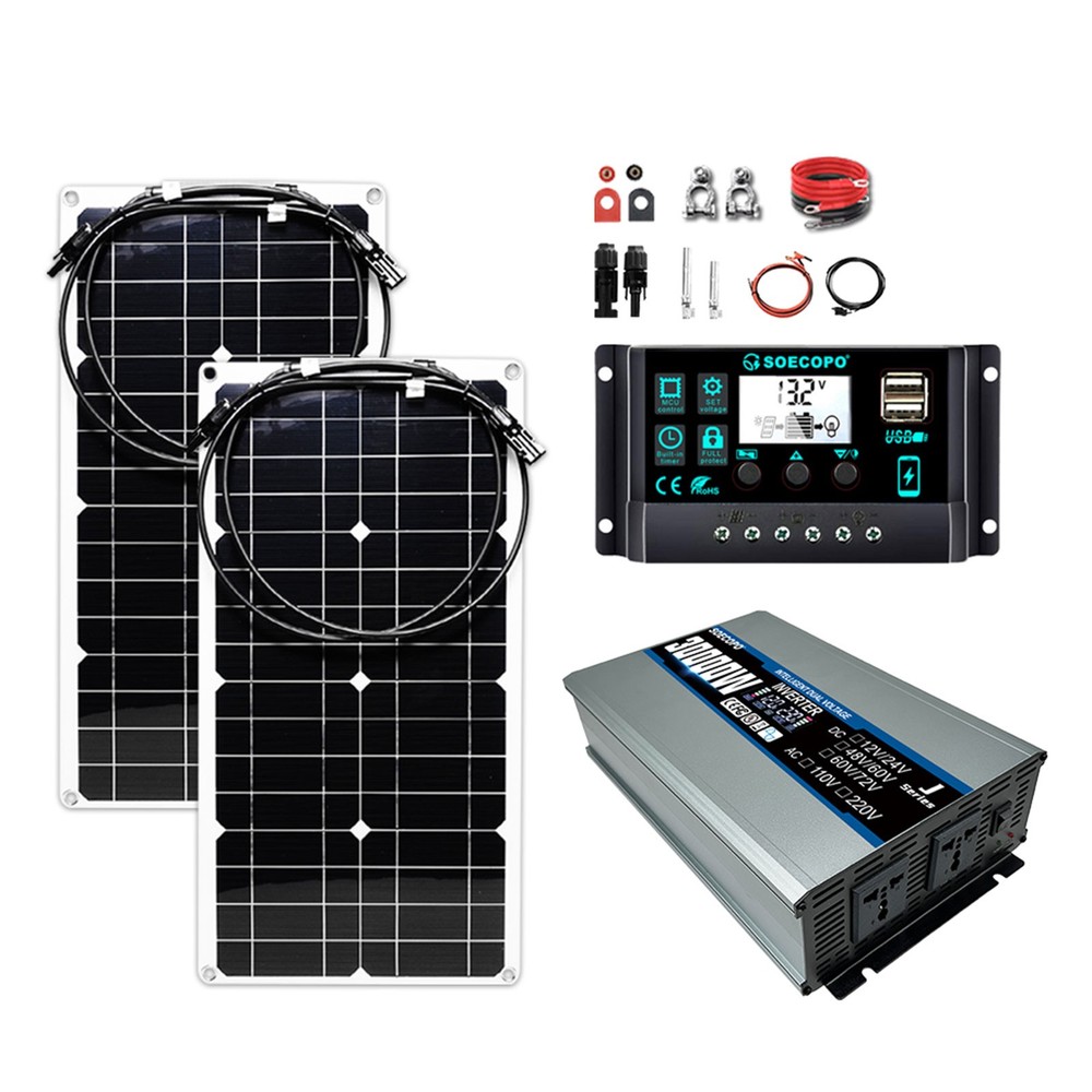 30000 Peak Solar System Kit 2pcs Flexible Panel DC 12V/24V AC110V 220V Invertet