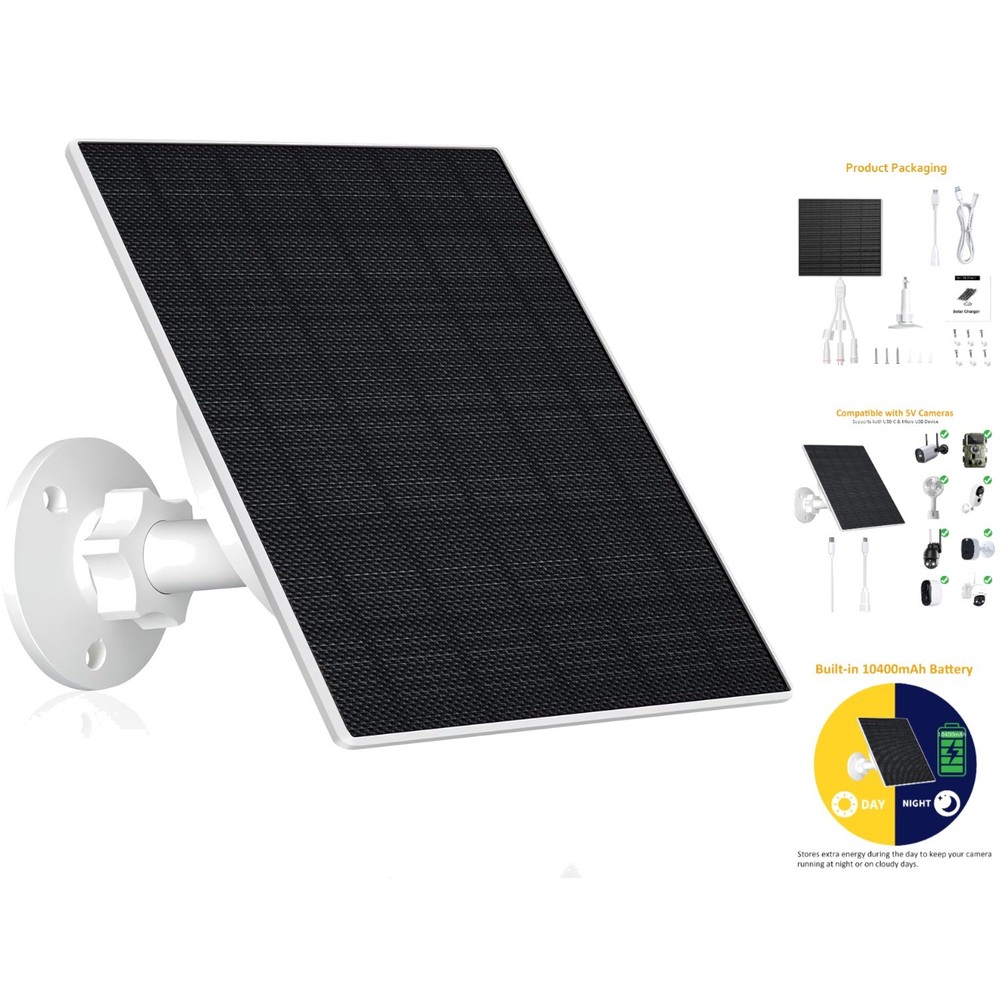 All-Weather 10W Solar Charger for Security Cameras – Built-in Battery Included