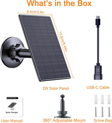2W Solar Panel for Security Cameras, Solar Charger with Micro USB & USB-C Port f