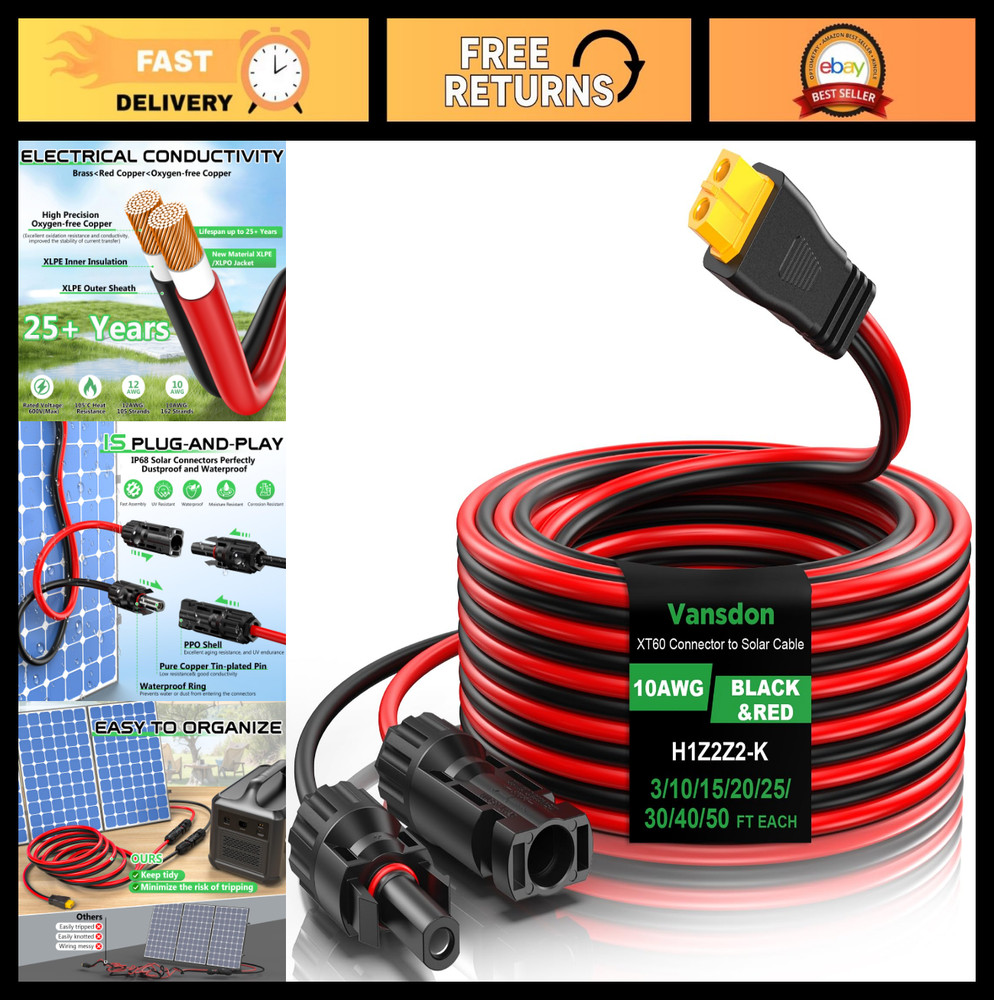 30FT 10AWG XT60 Solar Charging Extension Cable Adapter for RV Power Station