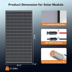 300 Watt Solar Panels, N-Type 16BB 300W Bifacial Solar Panel, 25% High Efficienc